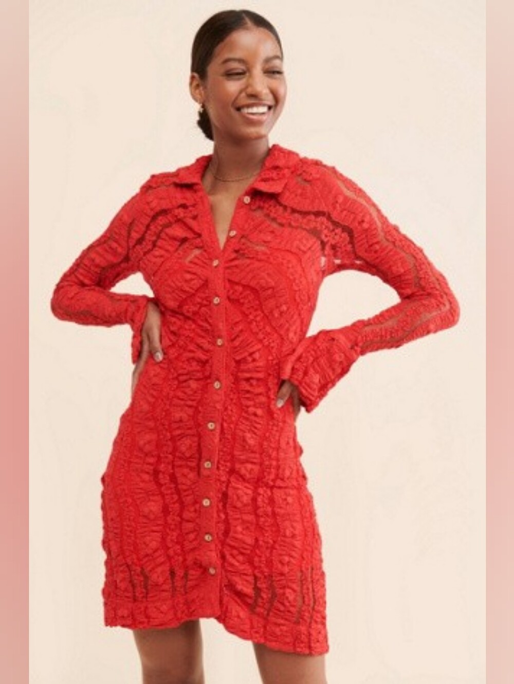 Free People Red Textured Shayla Button-Front Lace Dress Xs